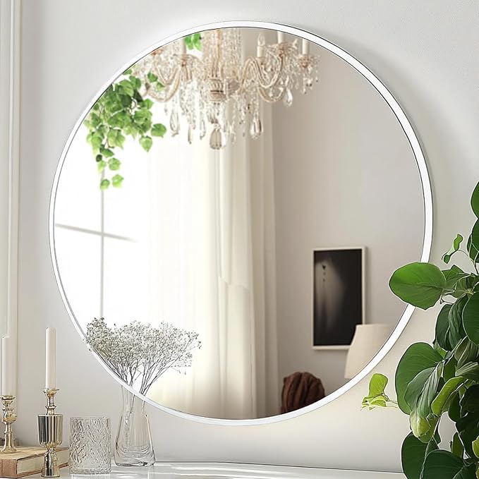 White Round Mirror 30 inch, White Circle Mirror, Round Bathroom Mirrors Metal Frame, Circle Wall Mirrors for Bathroom, Living Room, Hallway, Vanity, Over Sink
