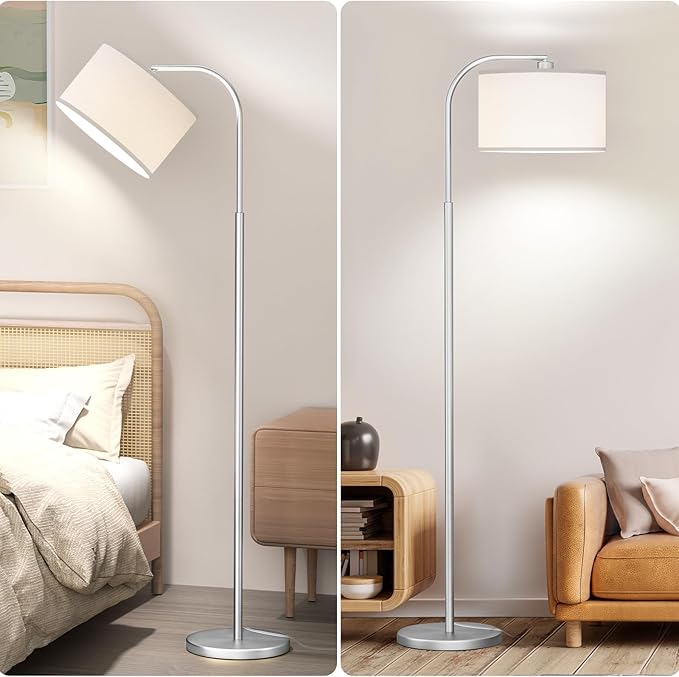 Arc Floor Lamps for Living Room with 3 Color Temperatures, Modern Floor Lamp Reading Light with 9W Bulb Included, Standing Lamp with Adjustable White Hanging Shade for Bedroom Office(Silver)