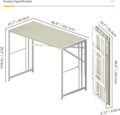 Lutown-Teen 40 inch Folding Desk, Writing Gaming Computer Camping Desk, No Assembly Required Home Office Table, Natural and White