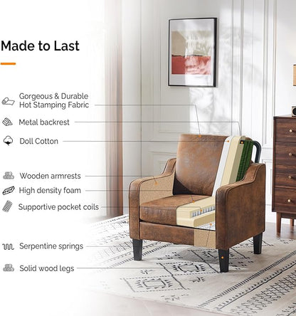 VINGLI Accent Chairs Set of 2 Living Room Chairs Rustic Reading Chair for Bedroom Scooped Arm Chair Mid Century Modern Accent Chairs Upholstered Comfy Chair for Apartment, Waiting Room