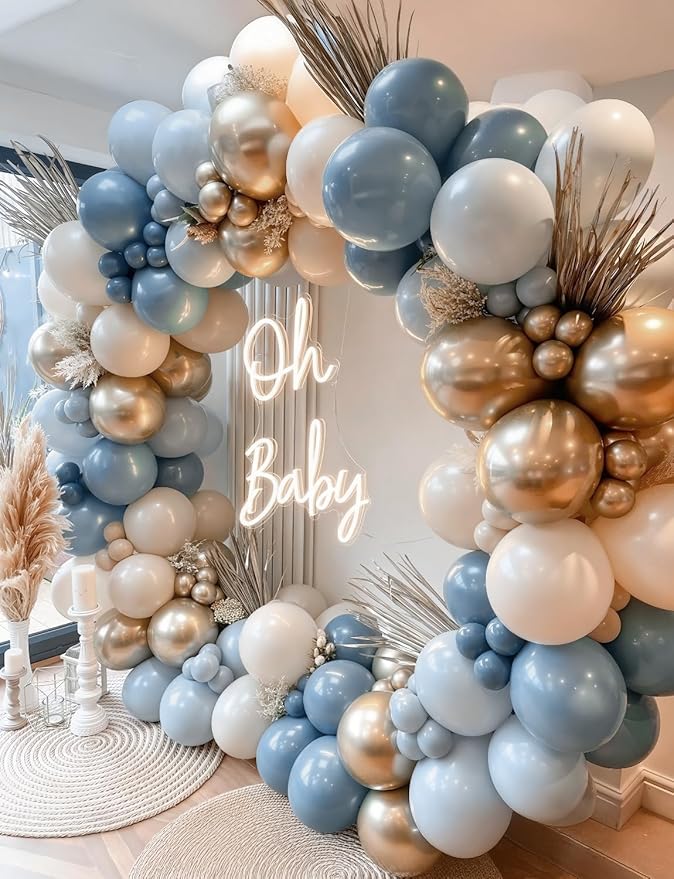 Dusty Blue and Gold Balloons, 50PCS 12 Inch Blue White and Gold Balloon Set, Neutral Elegant Party Decorations for Baby Shower Boy, Birthday, Gender Reveal, Wedding