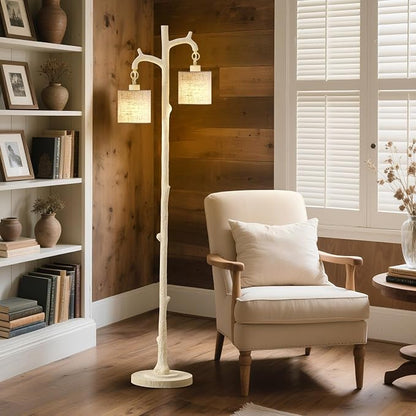EJIAXIN Floor Lamp for Living Room - 69" Rustic Farmhouse Tree Trunk Tall Lamp with 2 Country Vintage Reading Light - Standing Tall Lamps for Bedroom Office Home Decor (Almond White, Bulb Included)