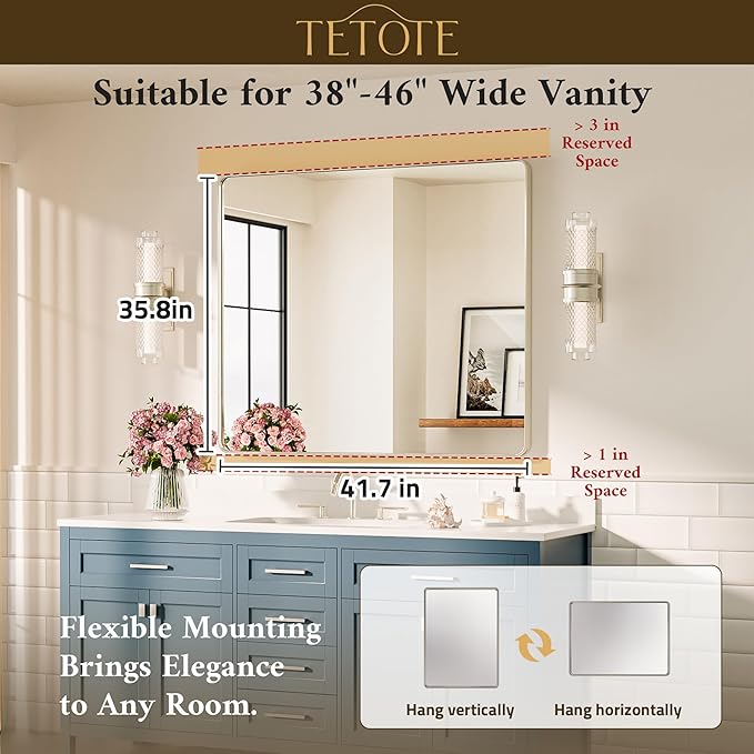 TETOTE 42 x 36 Inch Brushed Nickel Mirror Metal Framed Bathroom Mirror, Tempered Glass, Modern Farmhouse Wall Mounted Mirror for Decorative(Horizontal/Vertical)