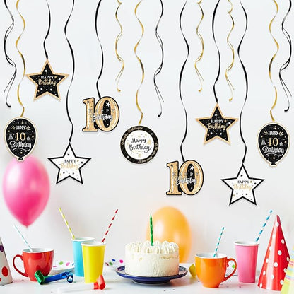 Happy 10th Birthday Black & Gold Glitter Swirls Streamers Party Decorations - 15 Pcs 10th Birthday Hanging Swirls Streamers Kit,Cheers to Ten Years Old Bday Party Sign.