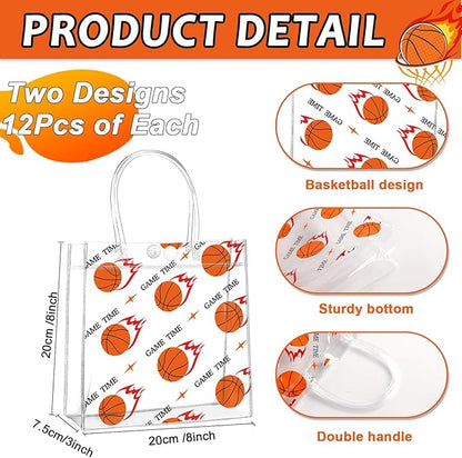 24Pcs Basketball Clear PVC Gift Bags with Handles Bulk 8 x 8 x 3In Sport Theme Goodie Treat Candy Bags Basketball Team Present Wrap Tote Bag for Boys Birthday Party Favor Baby Shower Decors Supplies