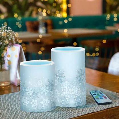 ALAZA Silver Winter Abstract Snowflakes Christmas Flickering Flameless Candles Battery Operated with Remote Timer,Tea Light Candles LED Pillar Votive Candles Set of 2 for Outdoor Indoor Decorations