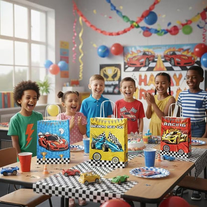 24 Pcs Racing Car Party Favor Bags with Handles - Race Car Goodie Bags Gift Bags. Checkered Two Fast Theme Candy Bags for Kids, Kraft Paper Bags for Birthday Party Supplies Decorations