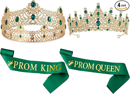 Retrowavy 4 Pcs Prom King and Queen Crown Set with Sashes Prom King Queen Sash and Tiara Set for 2026 Grad Birthday Carnival Wedding Costume Accessories(Dark Green)