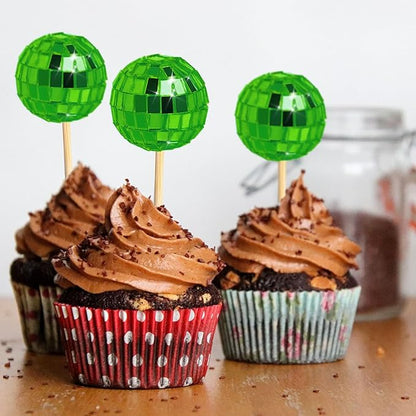 24 PCS Green Disco Ball Cupcake Toppers, Mini Disco Ball Cake Toppers Disco Theme Cake Decorations for St Patricks Day 70s Disco Party Summer Tea Party Decorations