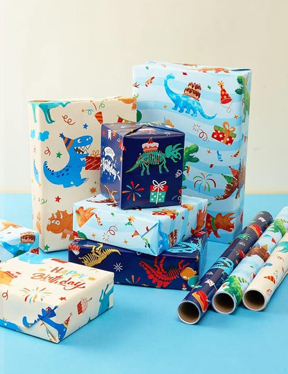 WERNNSAI Dinosaur Wrapping Paper Rolls - 3 Rolls 17” x 120” Happy Birthday Wrapping Paper Kids Wrapping Paper Rolls Boy Dinosaur Gift Wrap Paper Dinosaur Party Favor Happy Bday Wrap with Cutting Line on Back