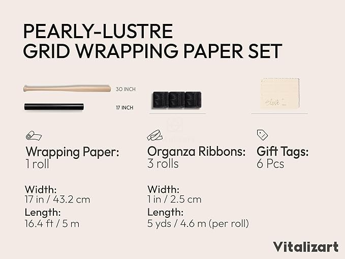 Vitalizart Black Metallic Grid Wrapping Paper Set 17" With Organza Ribbon & Gift Tags Christmas Gift Wrapping Birthday Baby Shower Wedding Bouquets Handmade Crafts 197"(16.4 Ft) Black Ribbon