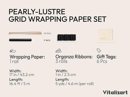 Vitalizart Black Metallic Grid Wrapping Paper Set 17" With Organza Ribbon & Gift Tags Christmas Gift Wrapping Birthday Baby Shower Wedding Bouquets Handmade Crafts 197"(16.4 Ft) Black Ribbon
