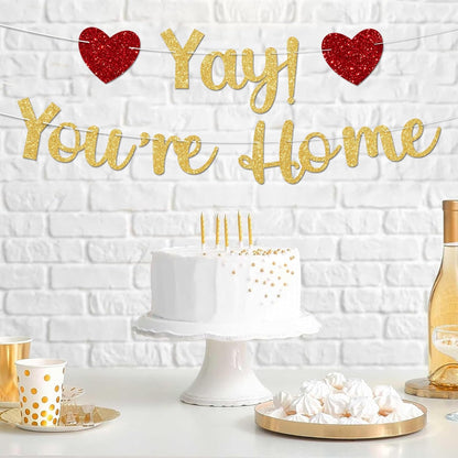 Gold Glitter Welcome Home Banner, Yay! You're Home Banner for Welcome Back, Housewarming & Military Return Party Decorations & Decor, No DIY.