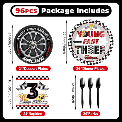 96PCS Race Car Themed 3rd Party Paper Plates and Napkins and Forks Set Young Fast Three Party Tableware Racing Checkered Flag Disposable Dinnerware for Kids Birthday Gatherings Decorations
