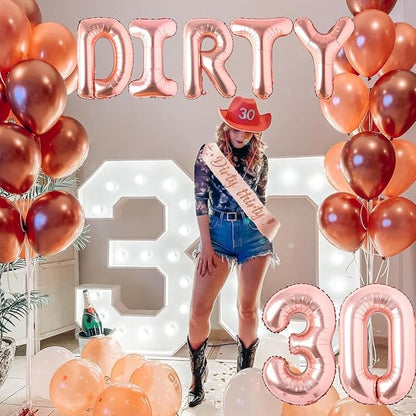 30th Birthday Party Decorations for Her, Rose Gold Dirty Thirty Banner Balloon Sash Cake Topper, 30 Years Old Birthday Party Supplies for Women