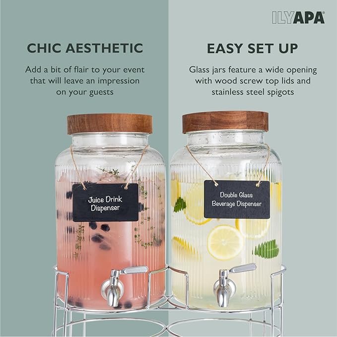 Ilyapa Glass Drink Dispensers for Parties with Stand - 2 Pack, 1.5 Gallon for Ice Water, Lemonade, Juice, Sangria, & Punch Tower Cookout Essentials