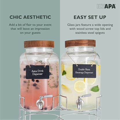 Ilyapa Glass Drink Dispensers for Parties with Stand - 2 Pack, 1.5 Gallon for Ice Water, Lemonade, Juice, Sangria, & Punch Tower Cookout Essentials