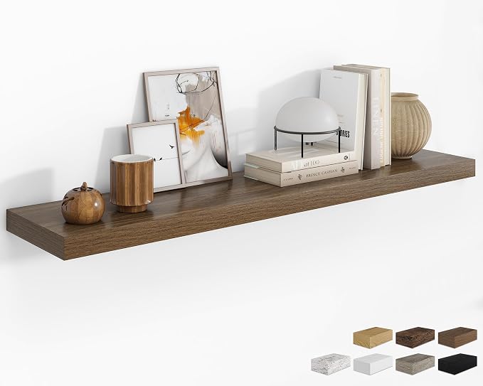 RICHFOCUS 55Inch Floating Shelves for Wall 1 Pack Shelves for Bedroom|Kitchen|Bathroom Wall Mounted Rustic Wood Floating Shelf with Invisible Brackets for Books|Storage|Decor, Walnut
