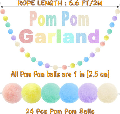 3pk Pastel Pom Pom Garland Easter Decorations Spring Home Decor Indoor Living Room Wall Classroom Xmas Tree, Cute Hanging Rainbow Colorful Felt Ball Garland Baby Shower Wedding Birthday Party Supplies
