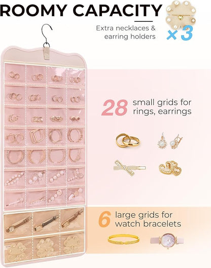 BAGSMART Hanging Jewelry Organizer Storage with Hanger Metal Hooks Double-Sided Jewelry Holder for Earrings, Necklaces, Rings on Closet, Wall, Door, 1 piece Large Pink