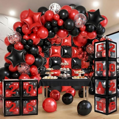 Seenelling Red Black 133 Pcs Graduation Decorations 2026 Set Red Black Balloons Boxes with Letters 2026 Grad Square Foil Balloons Complete Party Supplies for High School College Celebrations