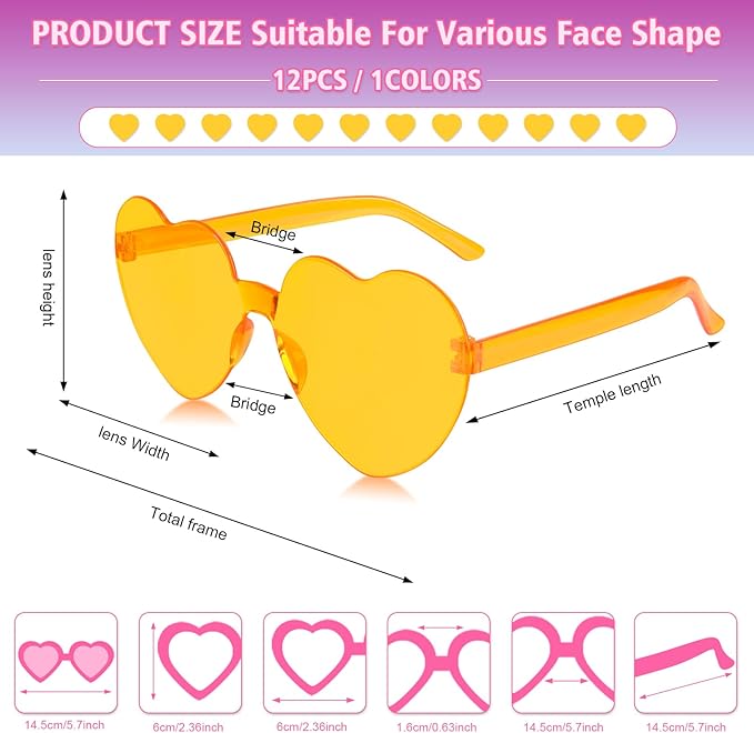 NACHLYNN 12 Pairs Yellow Heart Sunglasses for Women Rimless Heart Shaped Sunglasses Candy Heart Glasses for Party Favors