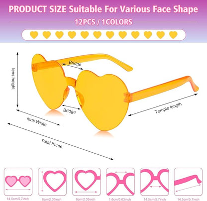 NACHLYNN 12 Pairs Yellow Heart Sunglasses for Women Rimless Heart Shaped Sunglasses Candy Heart Glasses for Party Favors