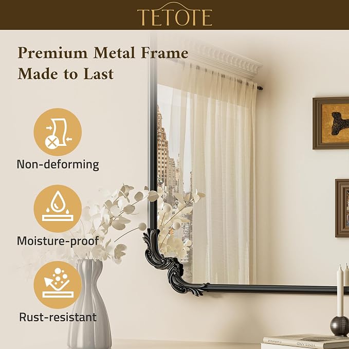 TETOTE Vintage Baroque Black Rectangle Mirror for Wall 22 x 30 Antique Scroll Frame French Mantle Mirror for Fireplace Bathroom Living Room Bedroom Decor, Horizontal/Vertical