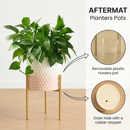 Modern Planter Pots, Set of 2 White Pink Planters with Stand, Decorative Planters, Metal Pots with Drainage Holes for Living Room, Office, Garden
