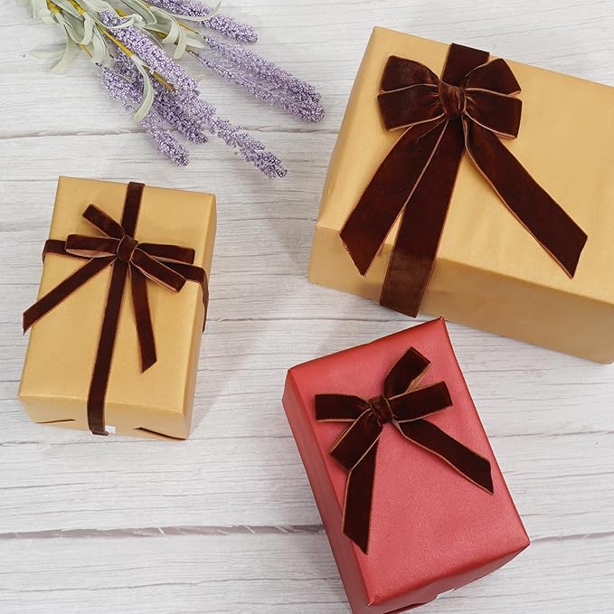 Brown Velvet Ribbon for Gift Wrapping, 3 Rolls Vintage Thin Velvet Ribbon Set for Christmas Tree Decoration, 3/8, 5/8, 1 inch Wide, 30 Yards Totally, Thick Christmas Ribbons for Bow Ornaments