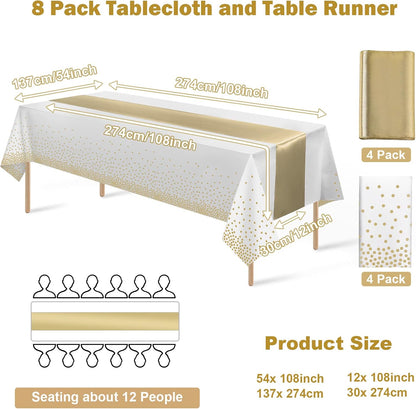 8Pack Disposable Plastic Tablecloths and Satin Table Runner Set White and Gold Dot Tablecloth Gold Satin Table Runner for Wedding Birthday Baby Shower Anniversary Christmas New Year Party Decorations