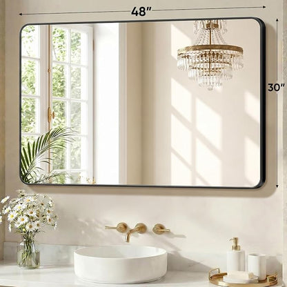Sweetcrispy Bathroom Mirror for Over Sink, 30x48 Inch Wall Mount Mirror with a Rounded Rectangle and Matte Metal Frame, Modern Wall Vanity Mirrors for Home Decor, Living Room, Bedroom, Black