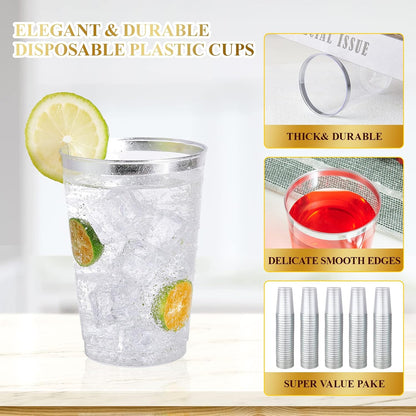 Vplus 150 Pack 12 OZ Reusable Silver Rimmed Clear Plastic Cups, Disposable Heavy Duty Plastic Cups for Party, Christmas, Wedding, Thanksgiving, Halloween