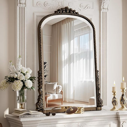 28"×40" Bronze Wide Arched Wall Mirror, Vintage Carving Bathroom Vanity Makeup Mirror, as Wall Decor Hanging Leaning for Fireplace Mantle, Living Room, Bedroom, Vanity Area