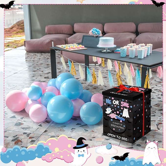Hungdao Gender Reveal Balloon Box with Ribbon and 10 Pink and Blue Balloons Gender Reveal Games He or She Open to See for Party Decoration 12 x12 x16 (Ghost)