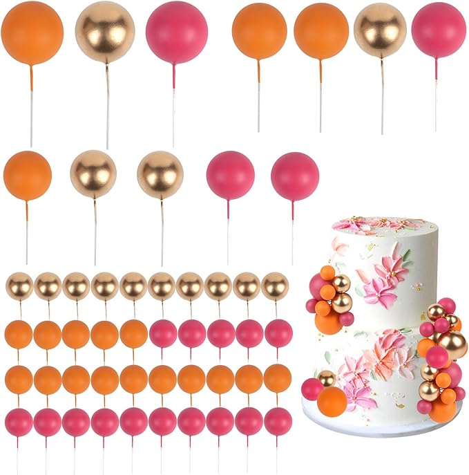 52 Pcs Ball Cake Decorations - Pink Gold Orange Ball Dessert Picks Cake Cupcake Toppers, Birthday Party Baby Shower Gender Reveal Cake Supplies