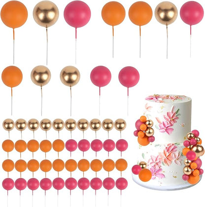 52 Pcs Ball Cake Decorations - Pink Gold Orange Ball Dessert Picks Cake Cupcake Toppers, Birthday Party Baby Shower Gender Reveal Cake Supplies