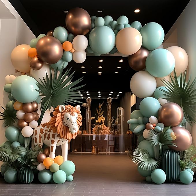 137Pcs Retro Smoke Green Balloon Garland Arch Suit,Jungle Safari Woodland Forest Wild One Camper Balloon Arch, Olive Green Gold Coffee Cocoa Balloons，Wedding Party Birthday Baby Shower Decoration.