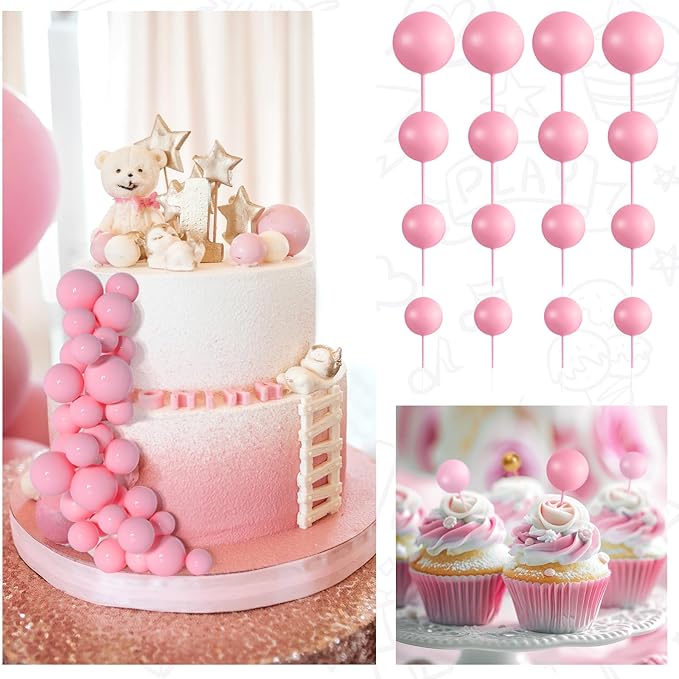 138 Pcs Pink Balls Cake Topper Decorations Balloon Cupcake Toppers Foam Multisize Cake Topper Balls for Birthday Party Wedding Anniversary