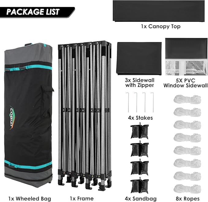COBIZI 10x30 Heavy Duty Pop up Canopy with 8 sidewalls Party Tent for Parties Weddings Events UPF 50+ Waterproof Commercial Gazebo with Roller Bag, Black(Frame Thickened)