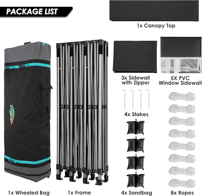 COBIZI 10x30 Heavy Duty Pop up Canopy with 8 sidewalls Party Tent for Parties Weddings Events UPF 50+ Waterproof Commercial Gazebo with Roller Bag, Black(Frame Thickened)