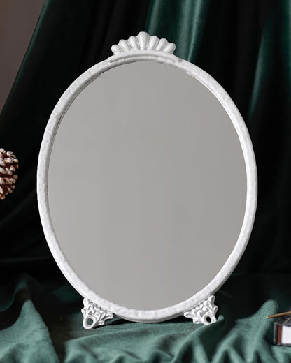 Gold Vintage Decor Vanity Mirror,Baroque Wall Art Retro Oval Mirror,Antique Wall Mirrors Decorative,Maximalist Decor Mirror for Desk Bedroom Bathroom Dresser Wall-Mounted,11.0" L x 7.9" W White