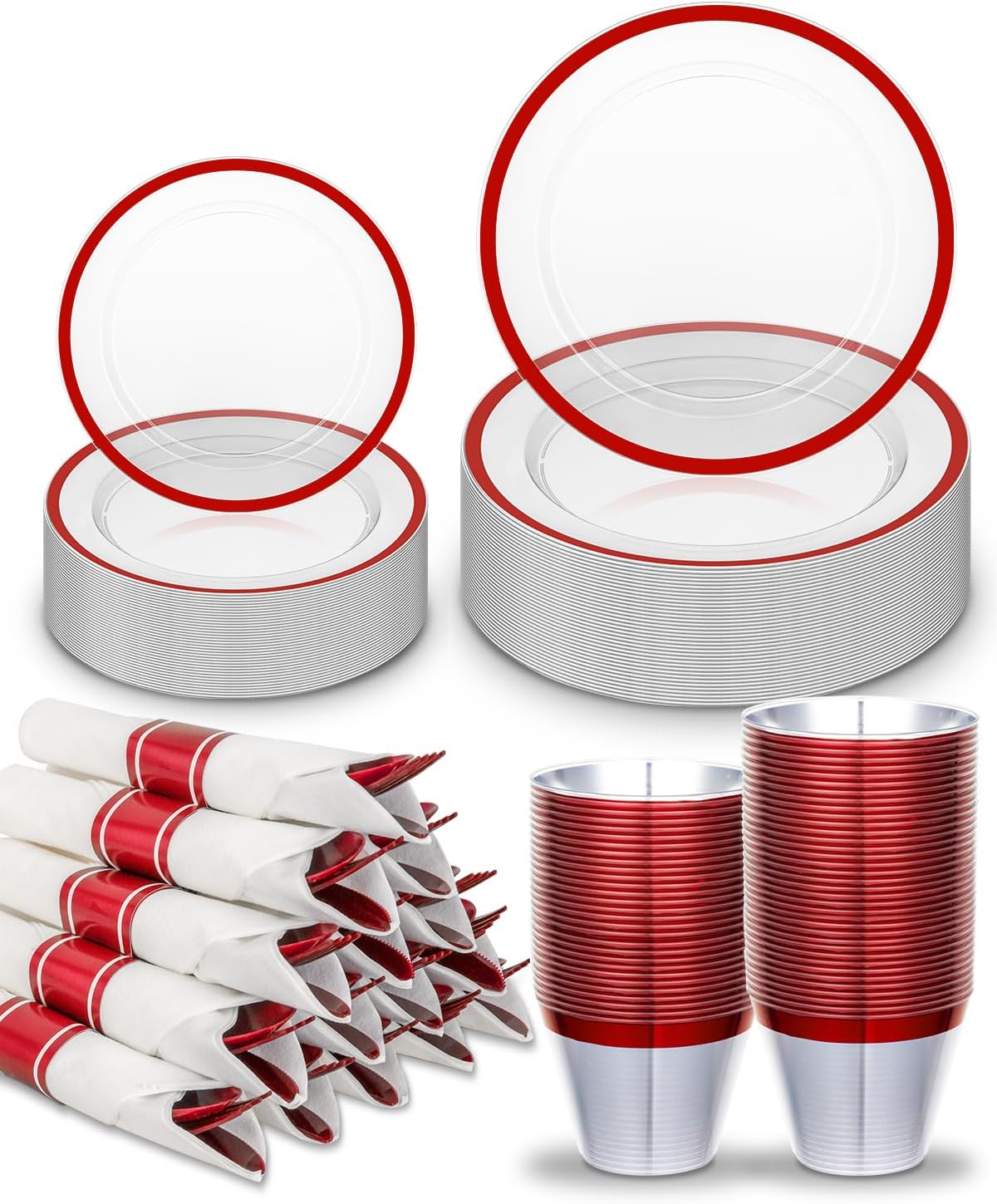 175PCS Plastic Plates for Party, Disposable Clear Red Dinnerware Sets Suitable for 25 Guests,50 Plastic Plates, 25 Cups, 25 Pre-Rolled Napkins with Cutlery for Party, Thanksgiving, Christmas, Wedding