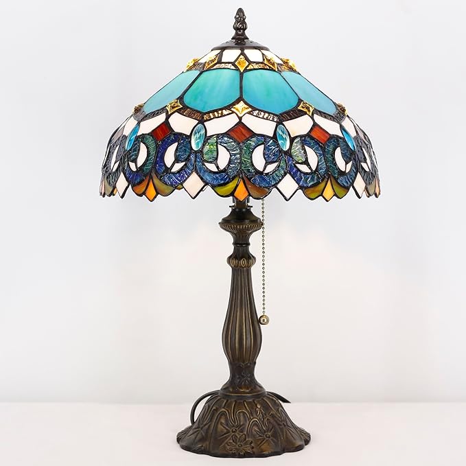 Tiffany Table Lamp Stained Glass Lamp 12X12X19 Inch Antique Reading Light (Blue Jewelry Baroque)