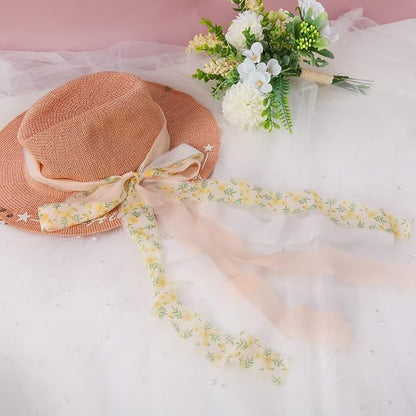 Handmade Fringe Floral Silk Chiffon Ribbons 1.5" x 7 Yards, 3 Rolls 21 Yards Nude Floral Ribbons Set for Wedding Invitations, Bridal Bouquets, Gifts Wrapping, DIY Crafts Decoration