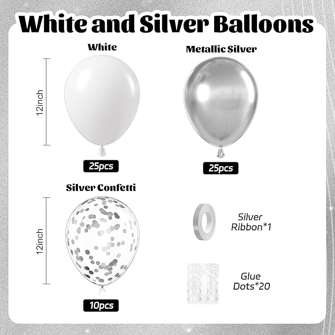 60pcs White and Silver Balloons 12inch, Silver and White Balloons with Metallic Silver Confetti Balloons for Birthday Baby Shower Wedding Anniversary New Years Party Decorations