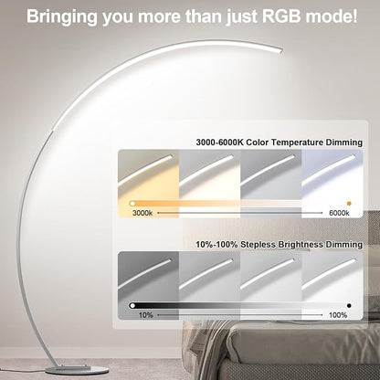 RGB Floor Lamp with 3 Color Temperatures, Ultra Bright 1800LM Smart Arc LED Floor Lamp with Remote Control, Music Sync, Scene Modes, Modern Standing Tall Lamp for Bedroom Living Room-Brushed Nickel