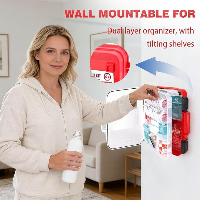 400 Piece First Aid Kit - Organized Dual-Layer Wall-Mountable Hard Case Medical Kit for Home, Car, Camping, Travel, Hiking, Truck, Office, Sports, Vehicle & Outdoor Emergencies