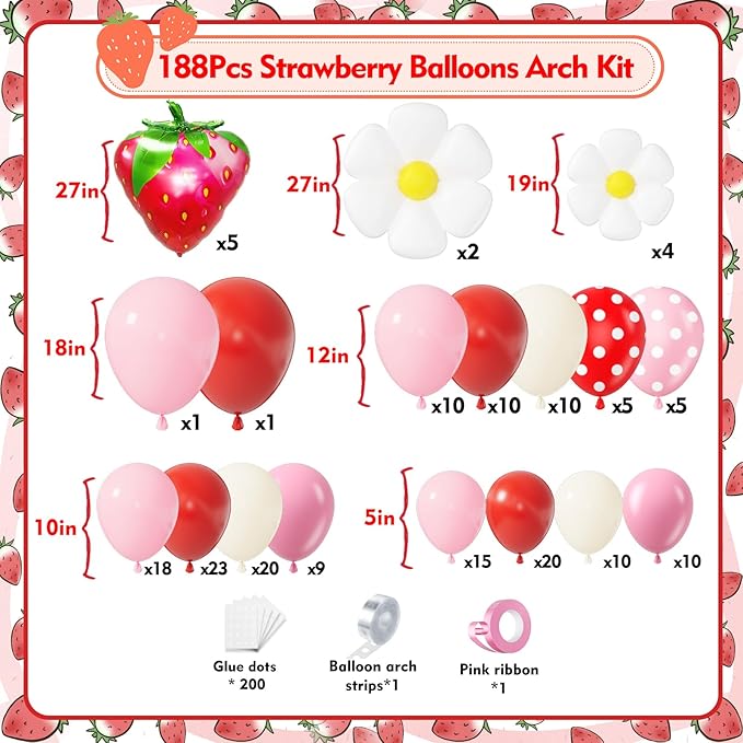 Strawberry Balloon Arch Kit 188Pcs with Strawberry Daisy Foil Balloons, Red Pink White Balloons for Sweet One Berry First Birthday Wedding Baby Shower Gender Reveal Girls Princess Party Decor