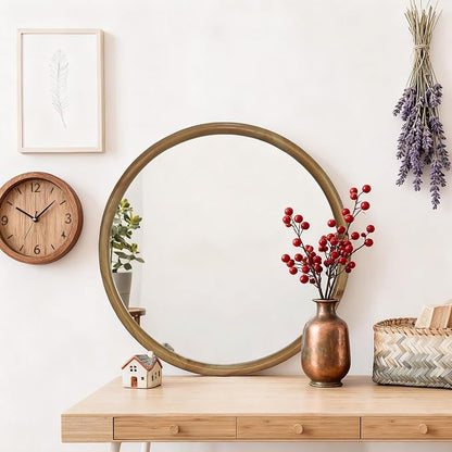 Round Wood Framed Wall Mirror Natural Wooden Circle Mirror for Bathroom Chamber Entryway Mid-Century Modern Decorative Mirror Practical